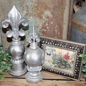 Moody Silver & Black French Country Fleur De Lis, Sphere Finial & Floral Picture